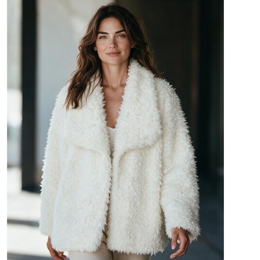 Joujou Womens 2X Faux Fur Shaggy Jacket Ivory Cream Plush Open Front Coat #368A